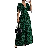 OYOANGLE Women's Summer Casual Bohemian Leopard Print Short Sleeve V Neck Cheetah Long Maxi Dress