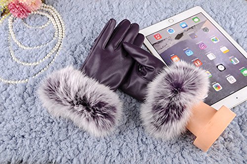 image for YiYLunneo Women Leather Gloves Warm Lady Dressy Gloves Rabbit Fur Mitt