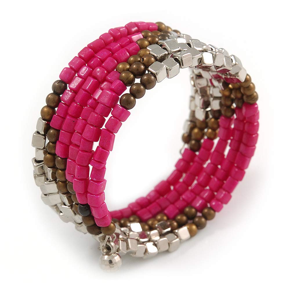 Avalaya Multistrand Glass, Acrylic Bead Coiled Flex Bracelet (Silver, Deep Pink, Bronze) - Adjustable