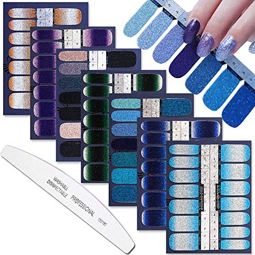 WOKOTO 7 Sheets Adhesive Nail Art Polish Stickers Tips Glitter Gradient Design Nail Wraps Decals Strips Set Manicure Decoration With 1Pc Nail File