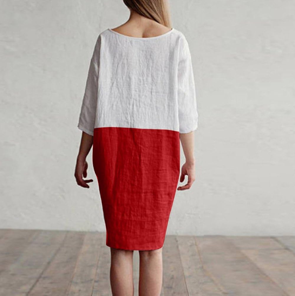 POTO Women Dresses, Loose Color Stitching Casual Dresses with Pockets Cotton Linen Tunic Dress Party Dress Beach Dress