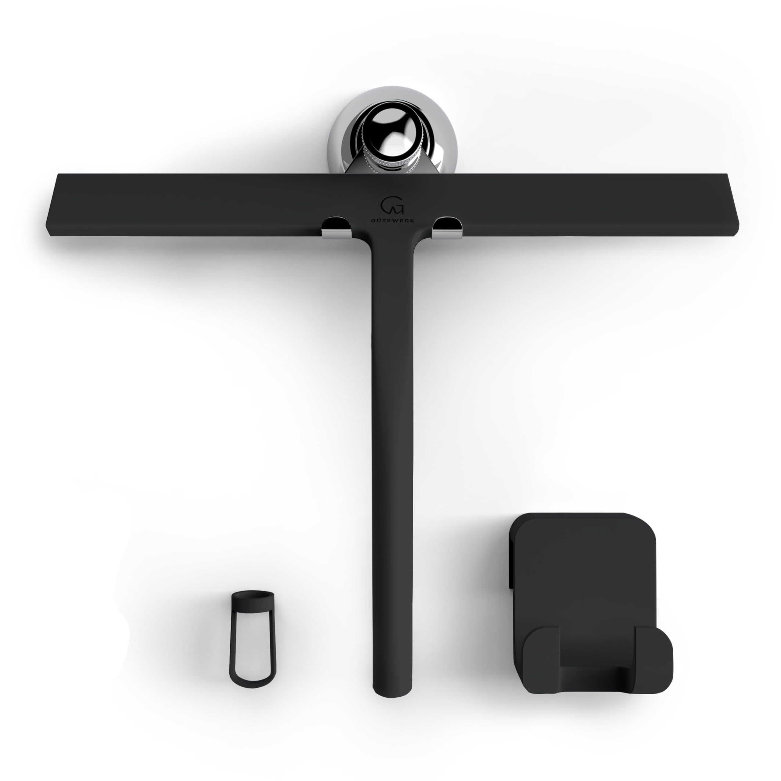 GÜTEWERK shower squeegee black 28 cm - incl. chrome suction cup hook - stainless steel core - silicone rubber squeegees for bathroom cleaning - window screen wiper cleaner glass scraper blade showers