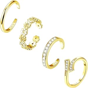 4 Pcs Gold Filled Toe Rings for Women, 14K Gold Filled Simple Opening Design Rings, Adjustable Toe Ring for Summer Beach Foot
