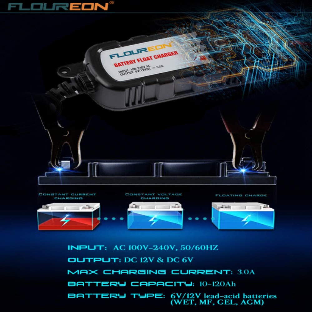 FLOUREON 6V/12V 3Amp Automatic Trickle Battery Charger/Maintain Car Charger Maintainer with LED Indicators Auto Trickle Charging for Automotive Vehicles Lawn Mower Boats RV AGM Gel Lead Acid Batteries