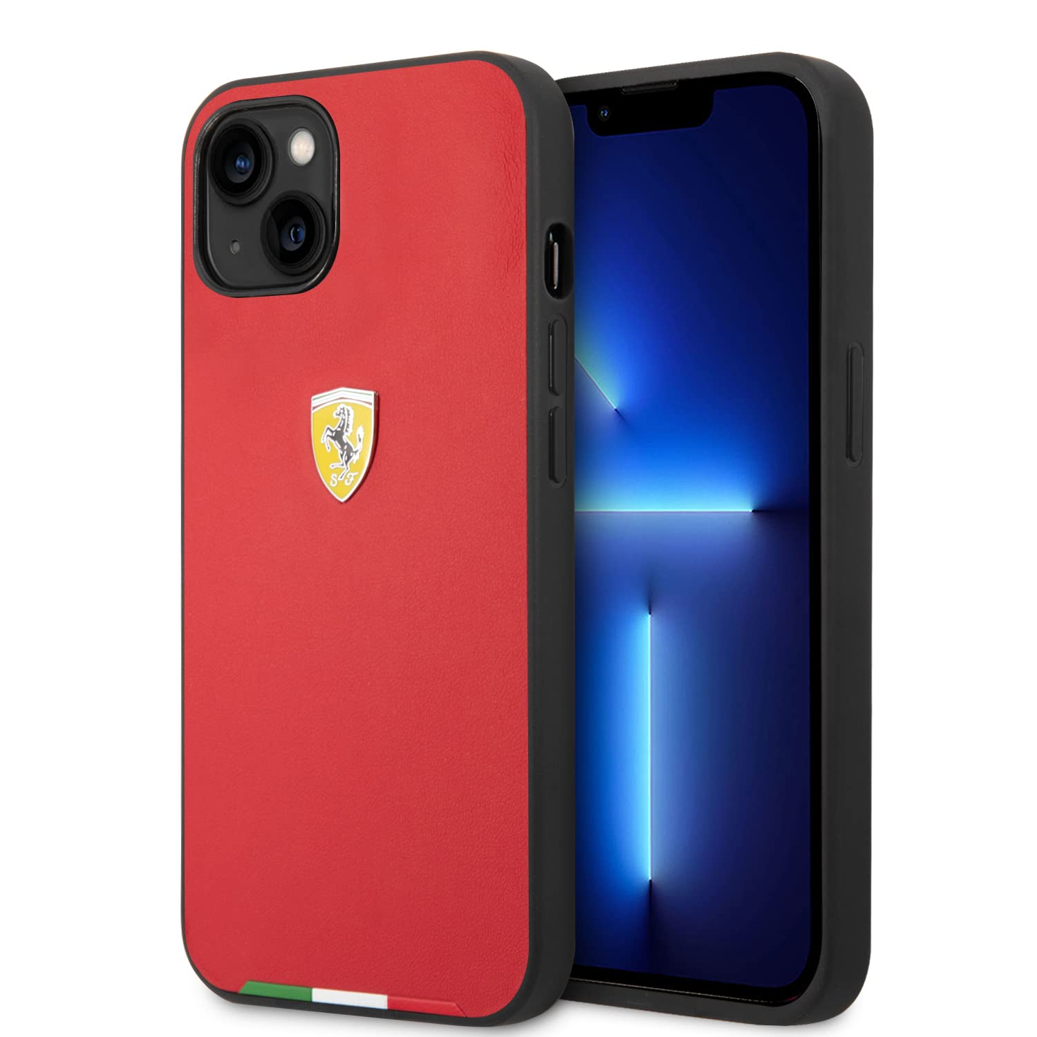 CG MOBILE Ferrari Phone Case for iPhone 14 Plus in Red with Italian Flag Line, PU Leather Protective & Durable Case with Easy Snap-on, Shock Absorption & Signature Logo