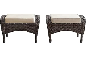 Belord Outdoor Ottomans for Patio Foot Rest - 25 Inch PE Wicker Foot Stool Set of 2 with Removable Cushions for Patio Furniture Sets,All Weather Rattan Ottoman for Balcony Deck Backyard Brown