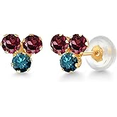 Gem Stone King 14K Yellow Gold Gemstone Birthstone and Blue Diamond Trio 3-Stone Stud Earrings for Women | 3MM Round | Fine Jewelry for Her Mom Women Wife