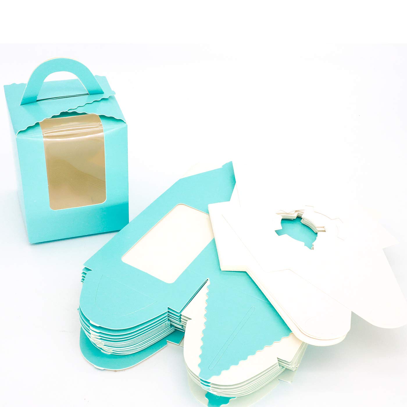 20Pcs Single Cupcake Boxes in Blue Cupcake Gift Boxes with Window and Handle 9.5x9.5x11cm