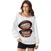 Verdusa Women's Hip Hop Lip Print Off The Shoulder Sweatshirt Streetwear Pullover Tops