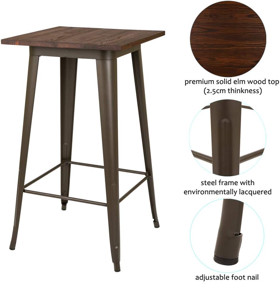Glitzhome Modern Style Square High Heavy-Duty Metal Bar Table with Wooden Top Sturdy Frame Bistro Pub Table: Kitchen & Dining