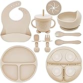 Munlinder Silicone Baby Feeding Set | Baby Led Weaning Supplies Includes Suction Bowls and Divided Plates, Adjustable Bib, Baby Utensils Spoons and Forks,Cup | Baby Feeding Essentials (Beige)