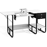 Vividwood Foldable Sewing Machine Table, Multipurpose Sewing Table with Adjustable Platform, Storage Shelf and 2 Cloth Drawers (Warm White)