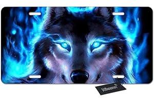 Wondertify License Plate Wolf with Blue Eys and Blue Fire Watching on Black Background Decorative Car Front License Plate,Vanity Tag,Metal Car Plate,Aluminum Novelty License Plate,6 X 12 Inch