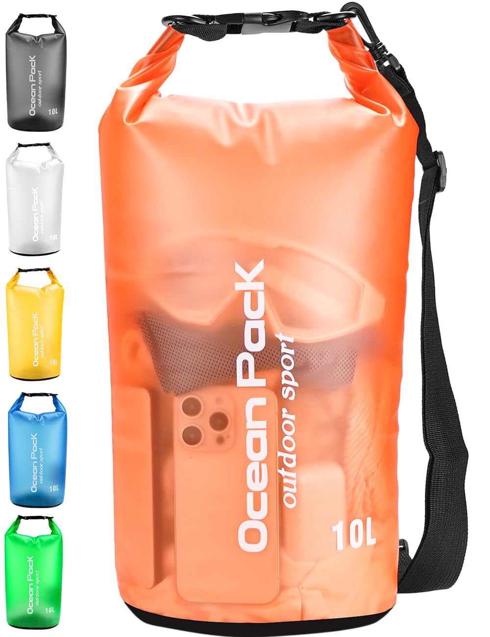 Henrycares Waterproof Dry Bag 20L 10L 5L, Sack with Phone Dry Bag and Long Adjustable Shoulder Strap Included, for Traval, Camping, Hiking, Swimming, Boating, Fishing (Orange, 10L)