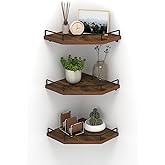 HORLIMER Set of 3 Floating Corner Shelf Wall Mount with Fence, Brown | Rustic Wood Diamond Corner Wall Shelves for Bedroom, Bathroom, Kitchen, Living Room