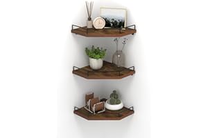 HORLIMER Floating Corner Shelf Wall Mount, 3 Pack Rustic Wood Corner Wall Shelves with Fence for Bedroom, Bathroom, Kitchen, Living Room, Brown