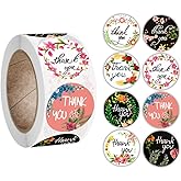 Thank You Sticker Roll, 500 Pcs Label Stickers for Small Business, Wedding Invitations, Party, Greeting Card, 1 inch，8 Flower Design