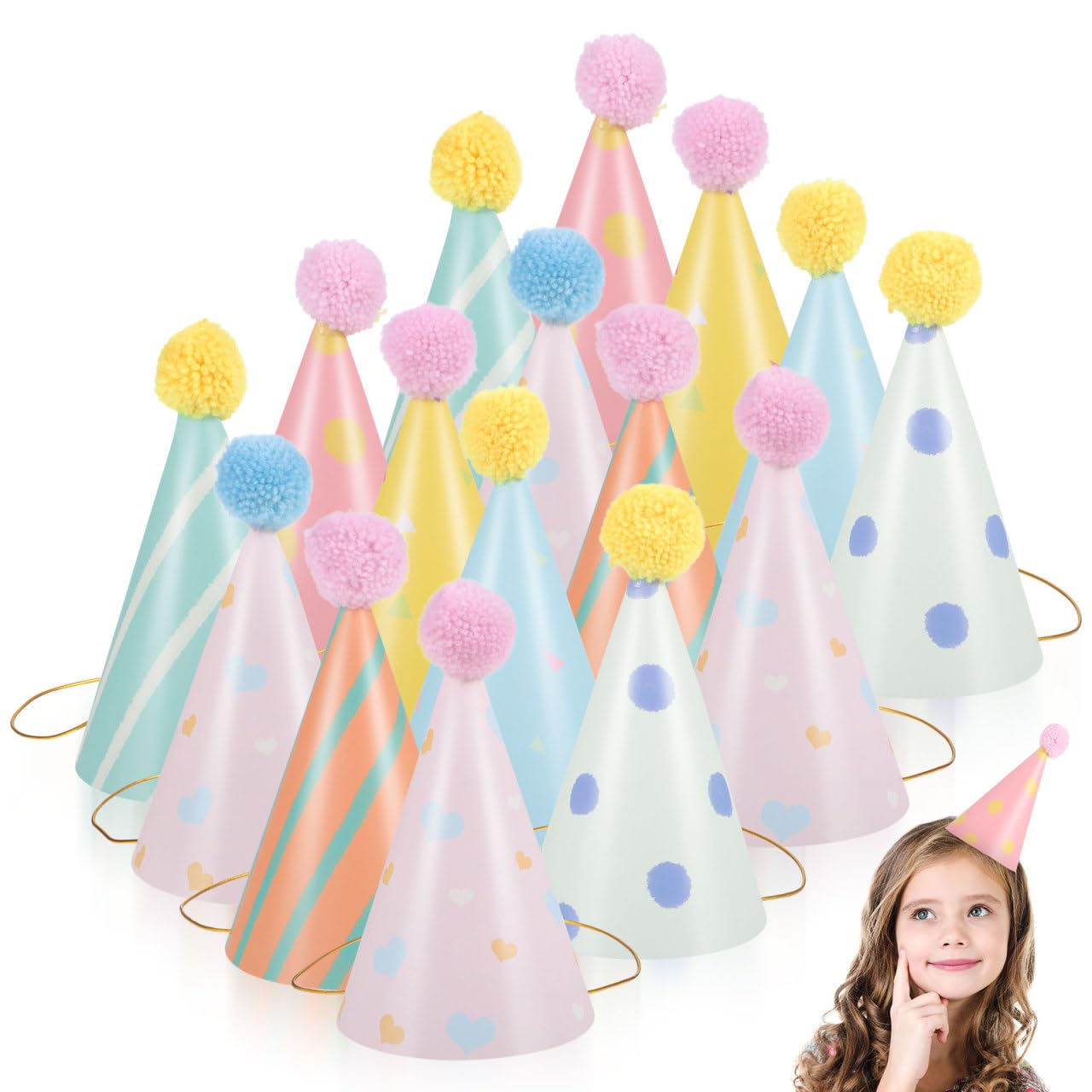 iplusmile Cone Party Hats with Pom: 16 Pcs Birthday Party Cone Hats With Elastic Fixing Straps for Children And Adults