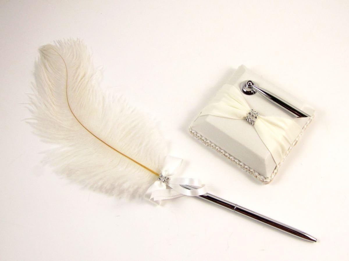 Ivory Feather Wedding Pen & Pen Holder Cocktail Party Banquet, Beige