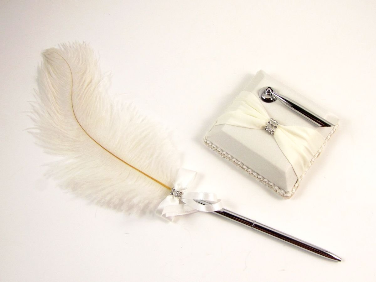 Ivory Feather Wedding Pen & Pen Holder Cocktail Party Banquet