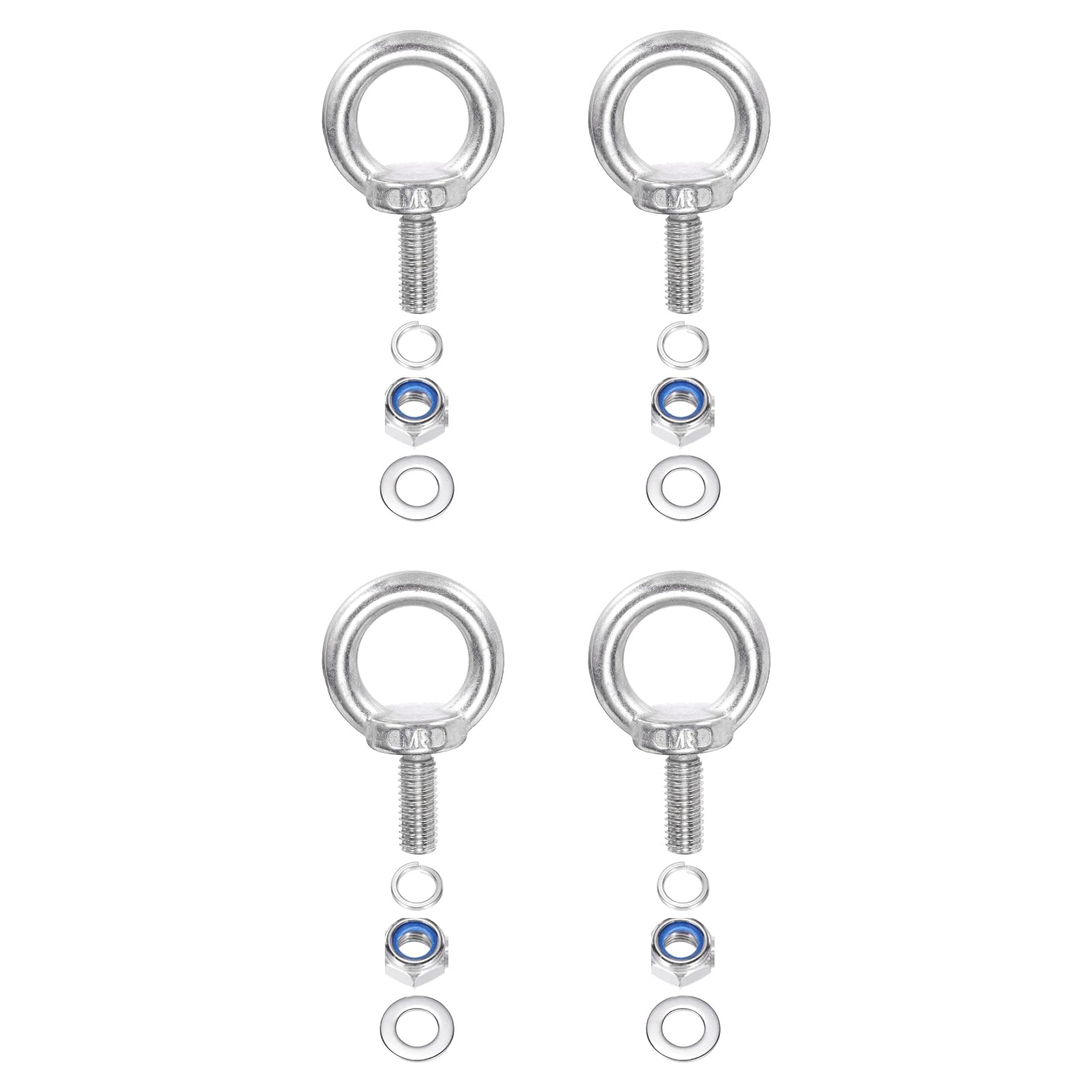 PATIKIL M8 x 20mm Lifting Shoulder Eye Bolt, 4Pcs 304 Stainless Steel Lifting Ring Threaded Eyebolt with Nuts Washers for Hanging Hammocks Articles