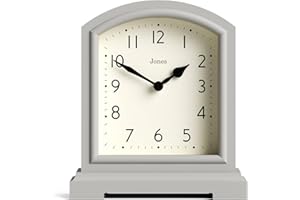 JONES CLOCKS® Tavern Mantel Clock | Modern Arch top Design | Pale Grey | Contemporary Classic Style for Desk, Table, Shelf or Bedside