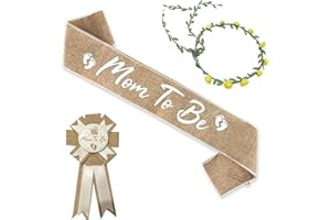 JDRGJTH 3PCS Mom to Be Sash Mom to Be Pin, Neutral Burlap Maternity Sash Corsage Pin and Flower Crown Headband, Boho Style Mommy to Be Sash for Baby Shower Sash Pin Set for Pregnant Keepsake Gifts