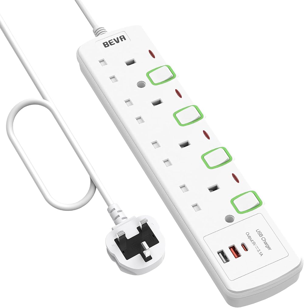 BEVA 3M Extension Lead 4 Way USB A C Ports Wall Mountable 13A 3250W