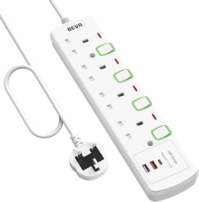 BEVA 3M Extension Lead 4 Way USB A C Ports Wall Mountable 13A 3250W