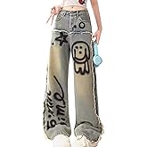 kakarin choyx Casual Y2K Straight Wide Leg Jeans Fashion Vintage Gradual Graphic Printing Fringe High Waisted Denim Pants
