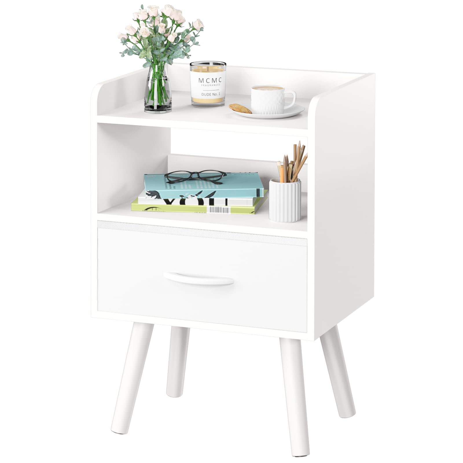 Photo 1 of Yoobure Modern Nightstand with Drawer, Bedside Tables, Mid Century Nightstands with Open Storage Shelf, Wood Bedside Table, Small Night Stands for Bedrooms, 2-Tier Night Table