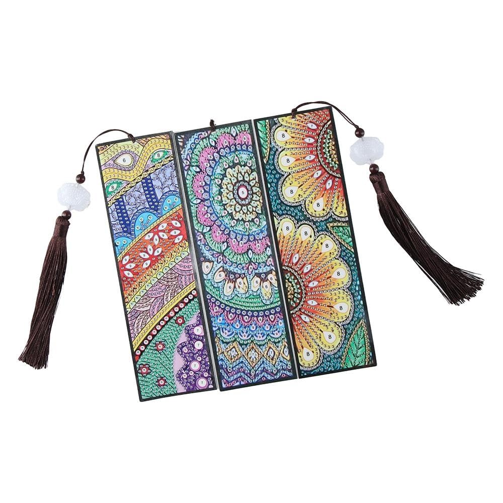 Risedot 3PCS Bookmark with Tassel, 5d Mandala Rhinestones Art Bookmark, Handmade DIY Reading Crafts Gifts