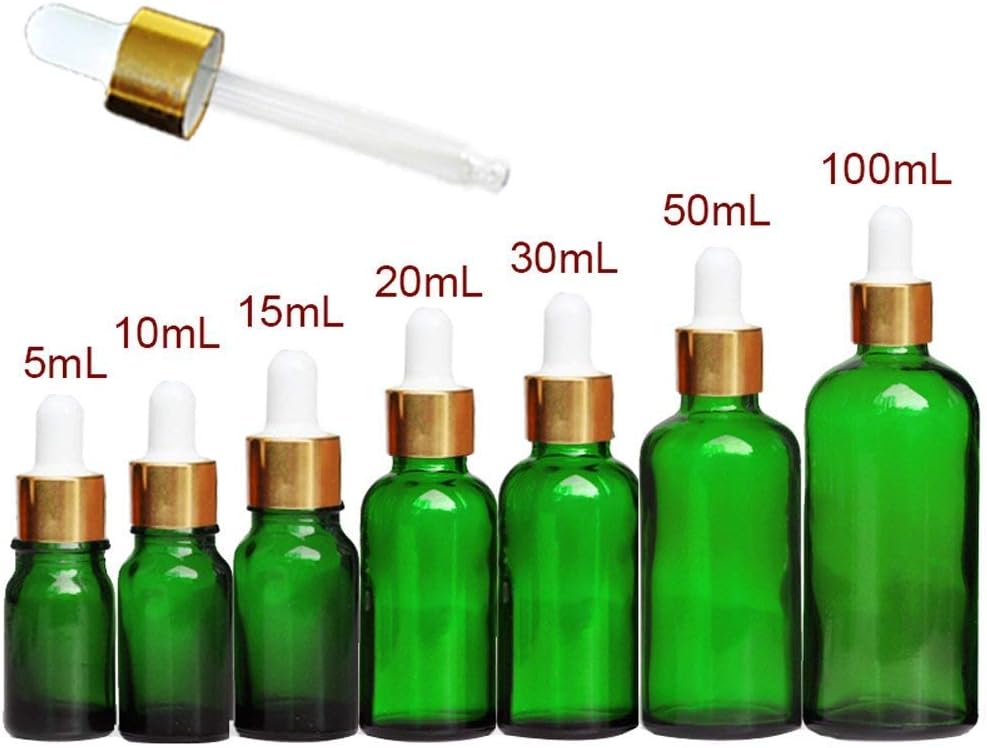 4 Pcs Green Glass Bottles With Glass Eye Droppers Empty Refillable Essential Oil Perfume Aromatherapy Vial Pot Liquid Containers Jars with White Ruuber Cap and Gold Circle (30ml/1oz)