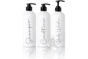 ALORA HOME ESSENTIALS Alora 32oz Reusable Shampoo and Conditioner Bottles - Set of 3 - Easy to Read Labels - Pump Bottle Dispenser for Shampoo, Conditioner, Body Wash - Empty Plastic Refillable Containers for Shower