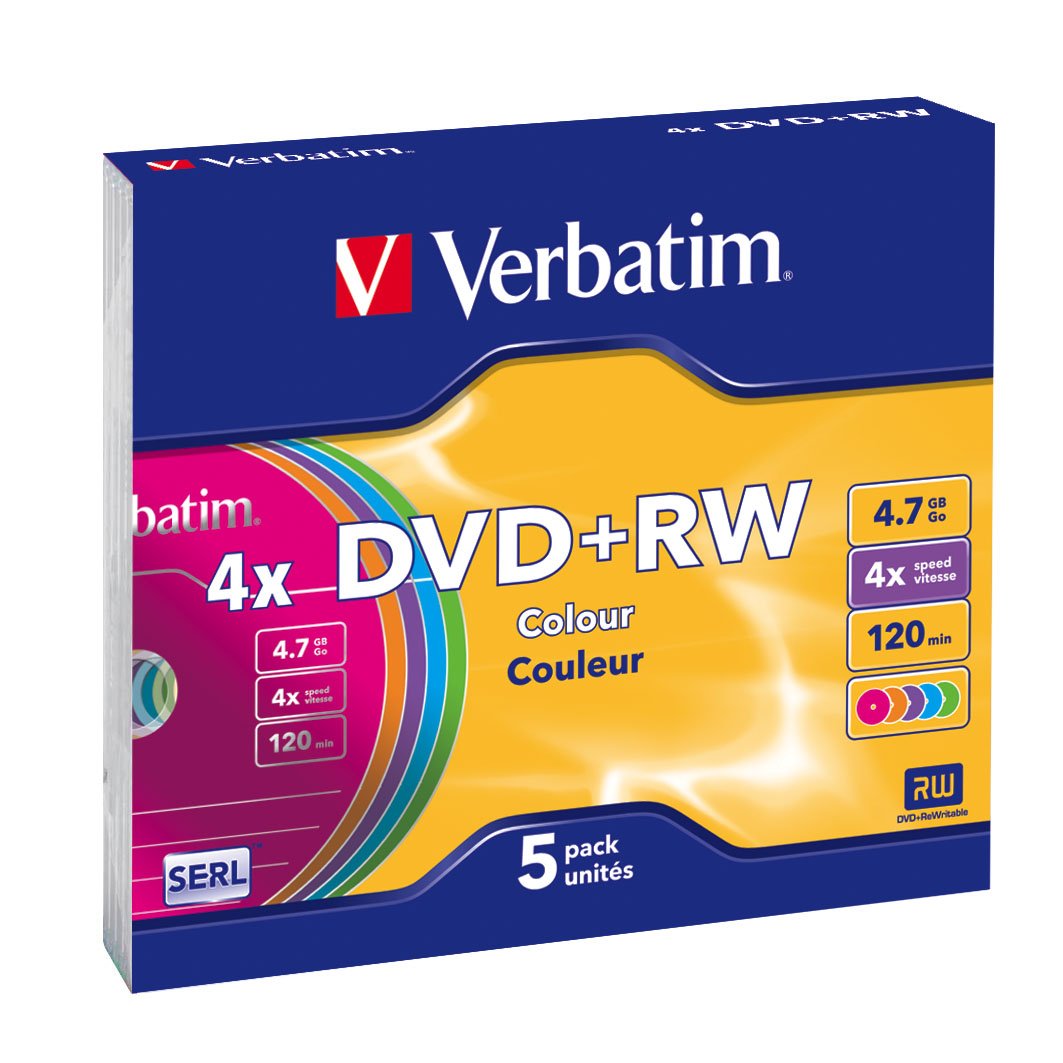 Verbatim DVD+RW 4.7 GB - 4x Burning Speed, Long Service Life, Scratch Protection, Slim Case, 5-Pack