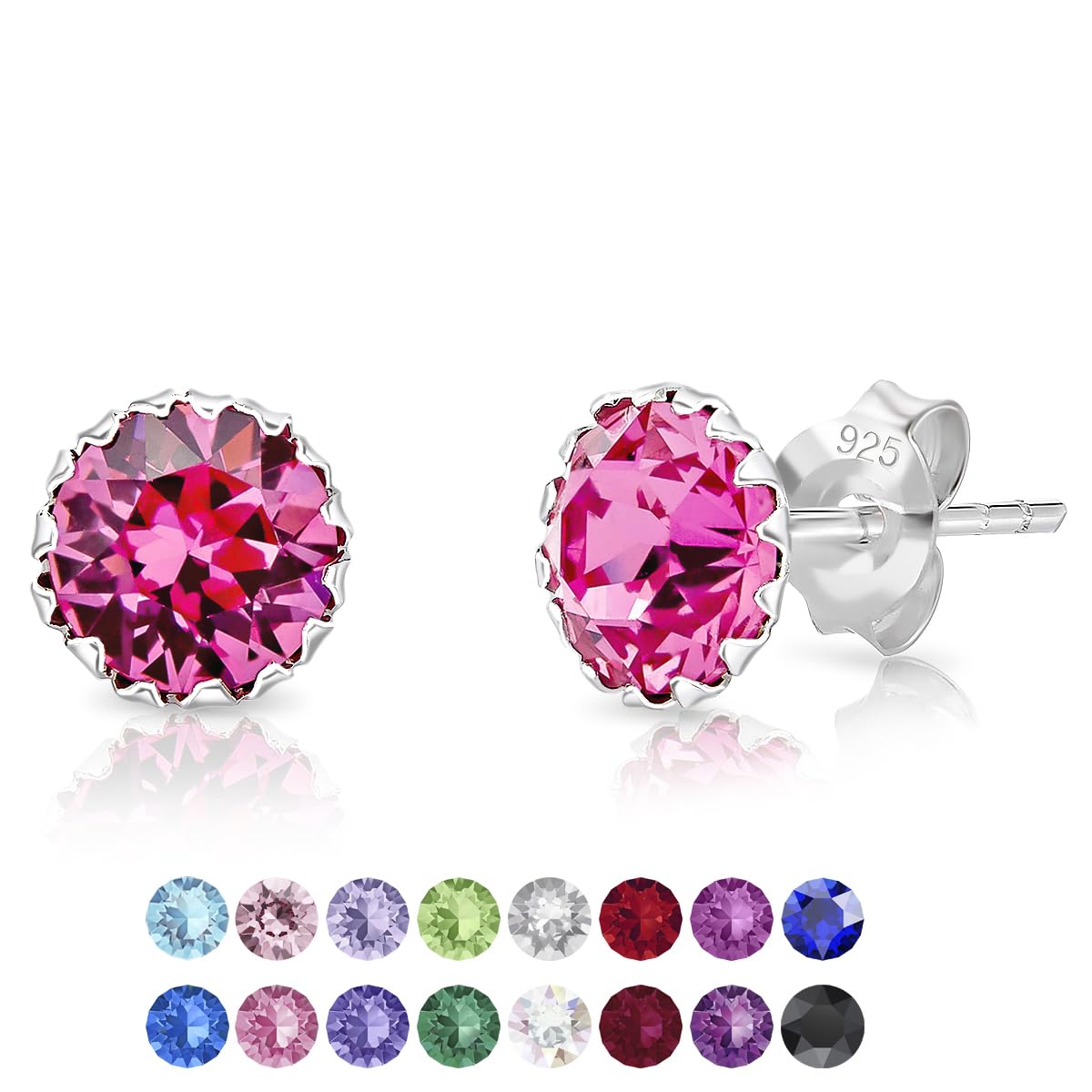 Pink Earrings for Women - Stud Earrings 925 Sterling Silver with Pink Crystal 6 mm - 925 Silver Round Studs — image 1