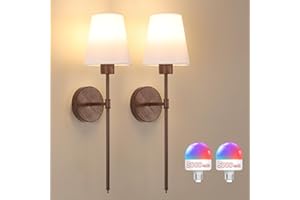 Shenmoyl Battery Operated Wall Sconces Set of 2, Walnut Color Wall Lamp 5000 mAh Rechargeable Bulb with 12 RGB Colors Dimmable Wall Sconce for Living Room Bedroom