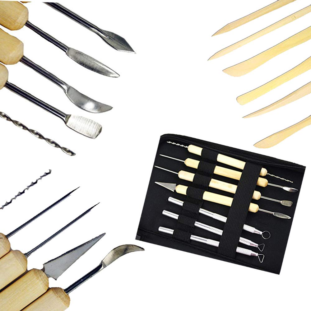 Queta Legno di Argilla per Carving Set, Kit di Strumenti di Modellazione di Argilla Scultura in Ceramica con Tela con Cerniera Storage Case (14pcs)
