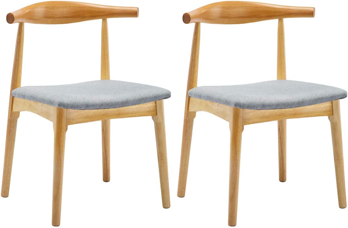 JL Comfurni Set of 2 Wooden Dining Chairs Oak Wood Style Fabric Upholstered Seat for Home Kitchen, Grey