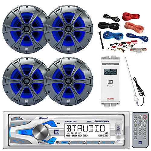 Boat Package: Dual Single DIN Marine In-Dash Receiver w/Bluetooth, Dual 8″ 2-Way Marine Speaker, 1200-Watt 4 Channel Amp, 10″ Subwoofer w/ LED, 5-Channel Amp, 8-G Amp Install Kit, Antenna