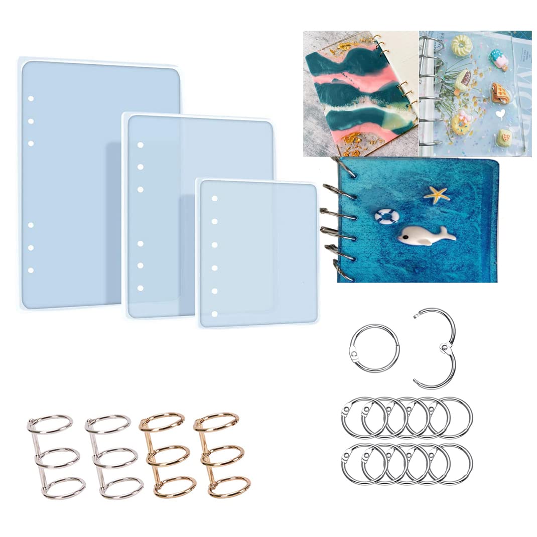 iSuperb 3 Pcs Notebook Cover Resin Moulds Crystal Silicone Moulds Epoxy ​Resin Casting Molds with 16 Book Rings for DIY Book Cover A5 A6 A7 (3 Notebook Moulds+ 16 Book Rings)