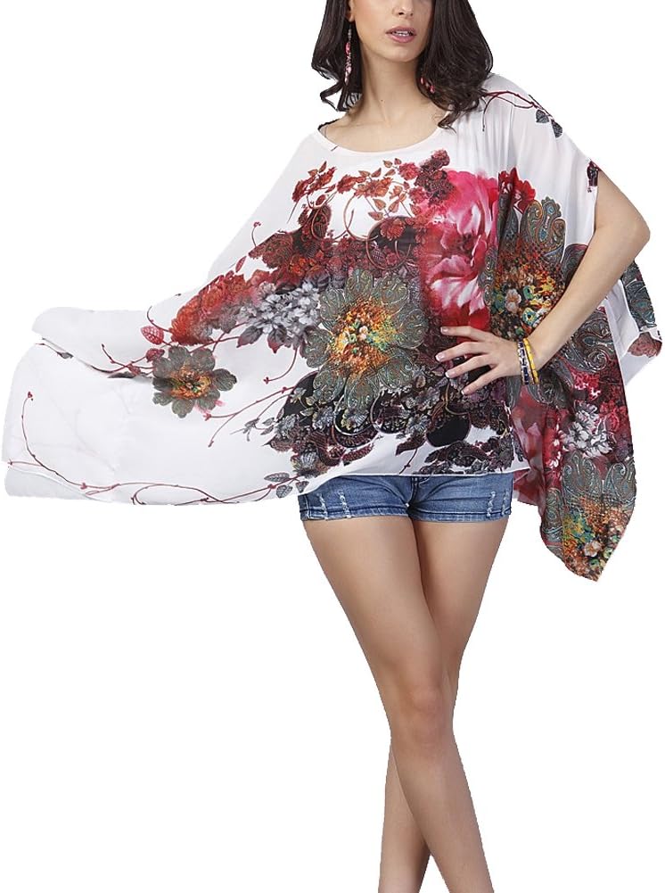 Womens Ladies Baggy Oversize Plus Size Batwing Tunic Top Blouse Floral Chiffon Kaftan