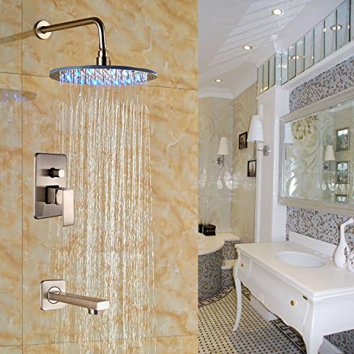 Oulantron LED Light 12" Round Rain Shower Head with Tub Spout Tap Brushed Nickel
