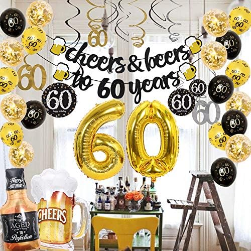 60th Birthday Party Decorations Kit - Cheers to 60 Years Banner Sparkling Celebration 60 Hanging Swirls Shiny Gold Letters Beer Mug Whiskey Bottle Mylar Balloons Printed 60 Latex Balloons