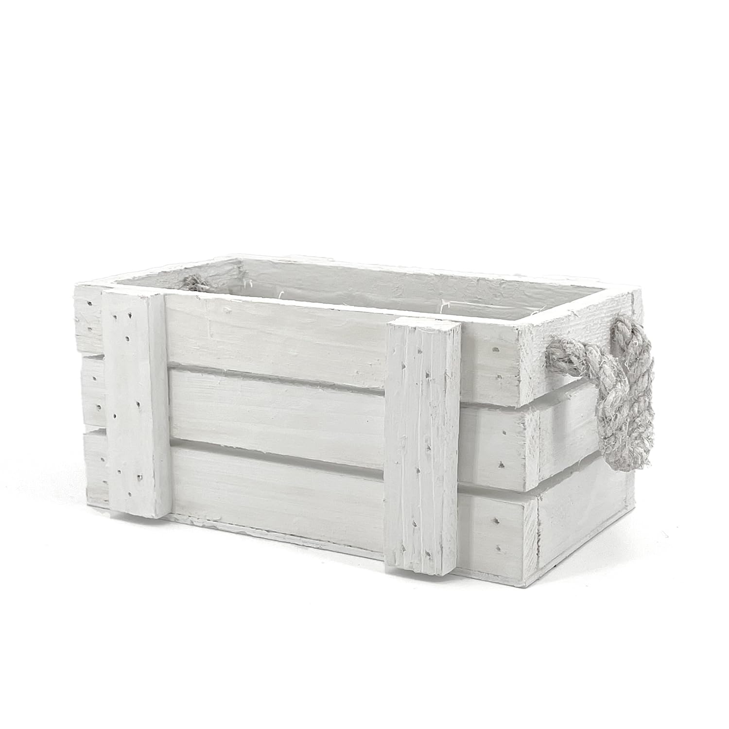 Rectangular White Wooden Outdoor Planter with Rope Handles and Plastic Coating | Measures 26 x 15 x 10 cm | Ideal as a Balcony Planter, Pot Holder or Pot Cover for Indoor Plants