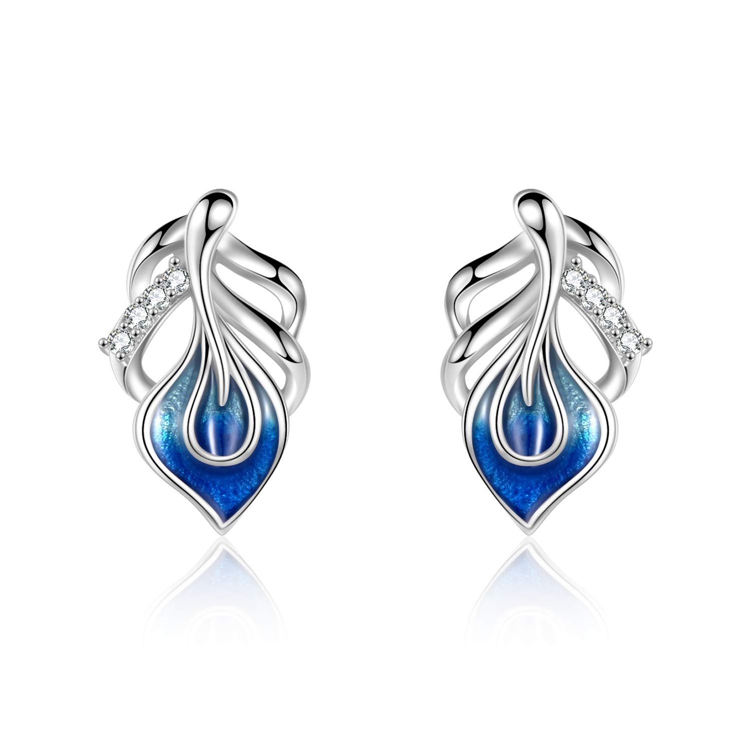 VONALA Feather Stud Earrings for Women Girls 925 Sterling Silver Blue Opal Feather Earring Jewerly Gift