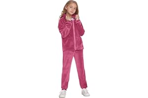 Hopeac Girls Casual Basic Velour Zip Up Hoodie Sweatsuit Tracksuit Set Jogger Clothes Outfits