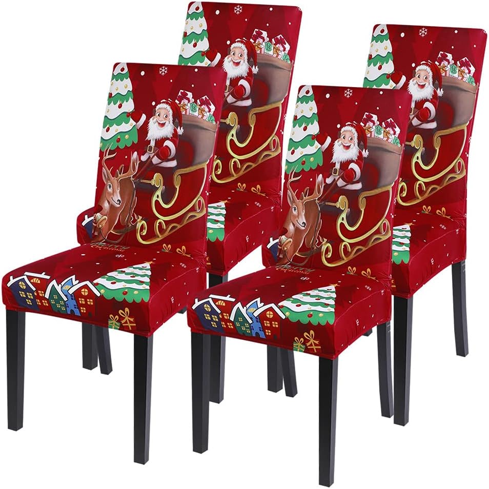 Slipcovers - SearchI Christmas Chair Covers Set of 4, Stretch Xmas Kitchen Chair Cover Removable Washable Holiday Parsons Chair Slipcovers for Dining Room, Christmas Decoration, Ceremony(Santa Claus+Elk)