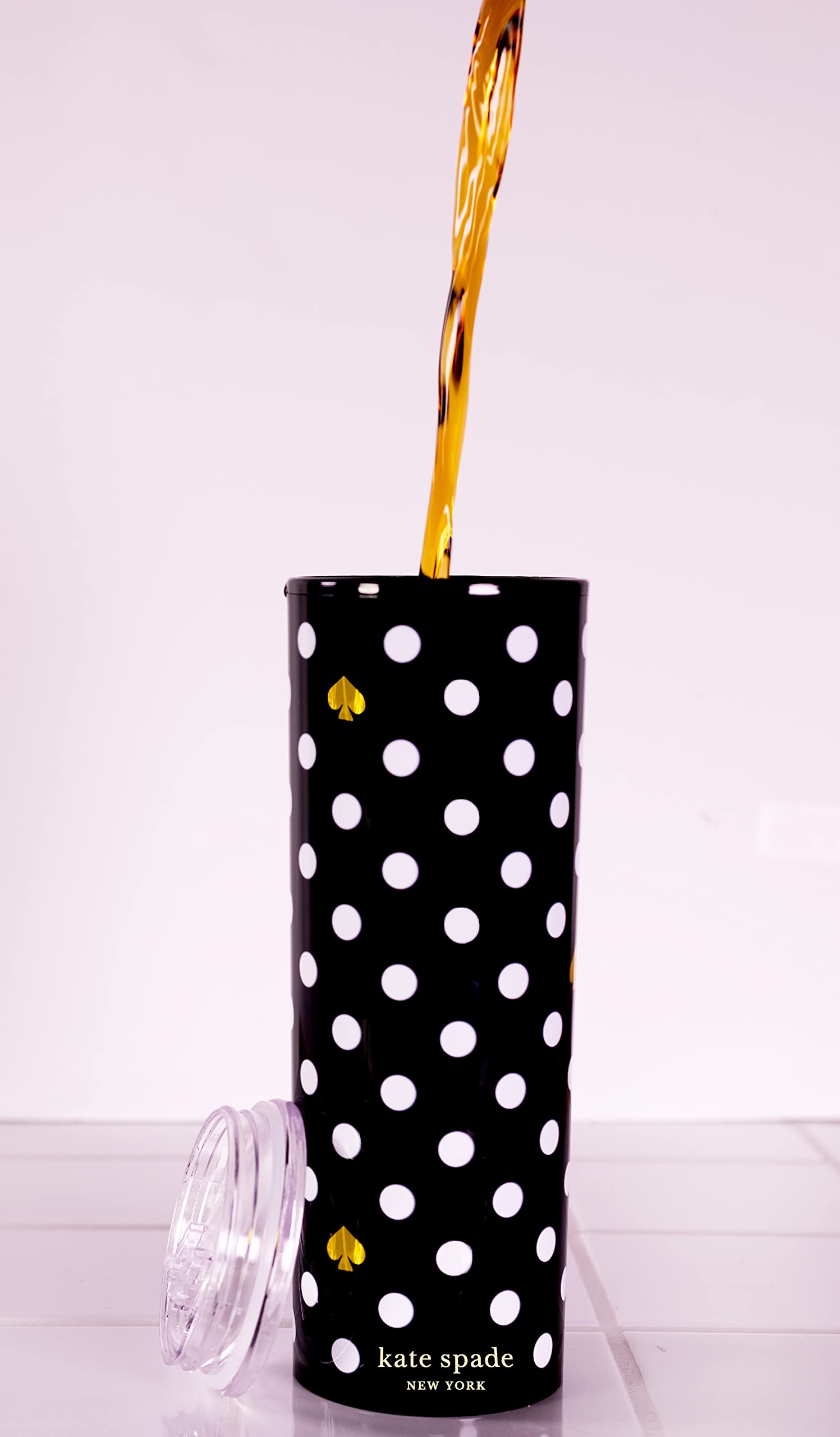 kate spade new york 16 Ounce Insulated Travel Mug with Lid, Black Double Wall Thermal Tumbler for Coffee/Tea, Polka Dots