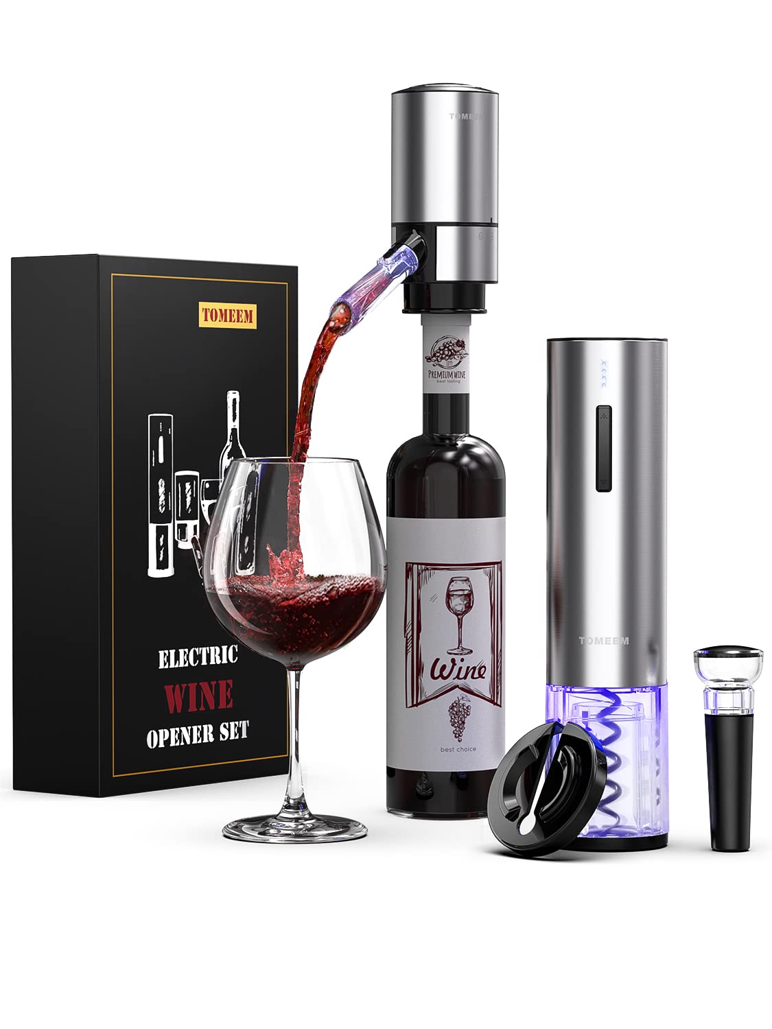 Rechargeable Electric Wine Gift Set - Aerator, Vacuum Stoppers, Foil Cutter and Bottle Opener for Home Bar and Outdoor Parties Image